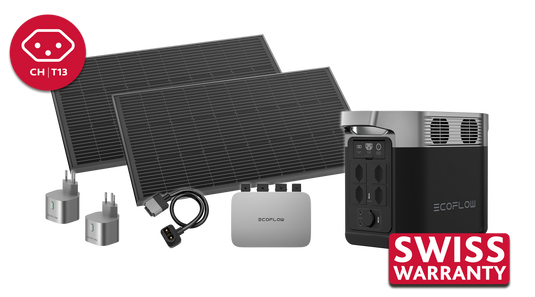 EcoFlow Balkonkraftwerk Set bestehend aus 600 W PowerStream Wechselrichter und 2 x 100 W Solarpanels, zusätzlich mit DELTA 2 Powerstation, Smart Plugs und Verbindungskabel, CH-Version